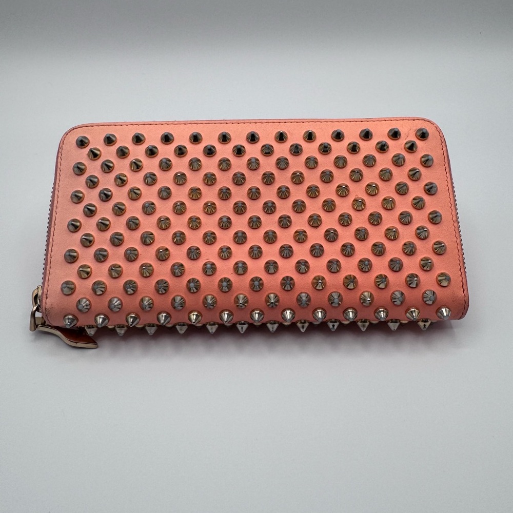 Coral Christian Louboutin Panettone Spiked Zip-Around Wallet.